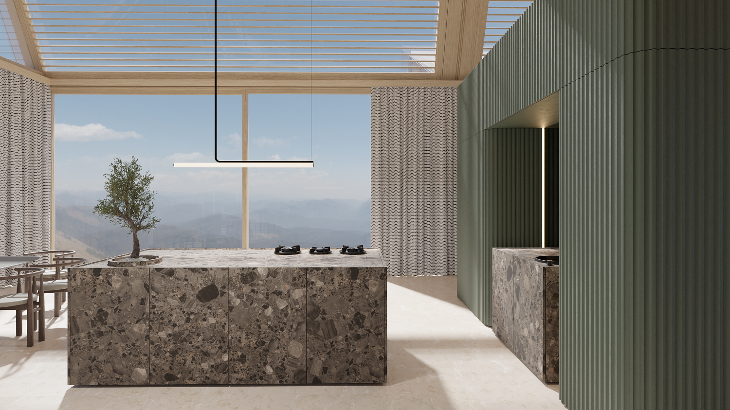 Die Kücheninsel, gedacht als Steinikone - kluges Konzept von Dross&Schaffer für das H.O.M.E. Haus 2023 von Ortner & Ortner Baukunst.