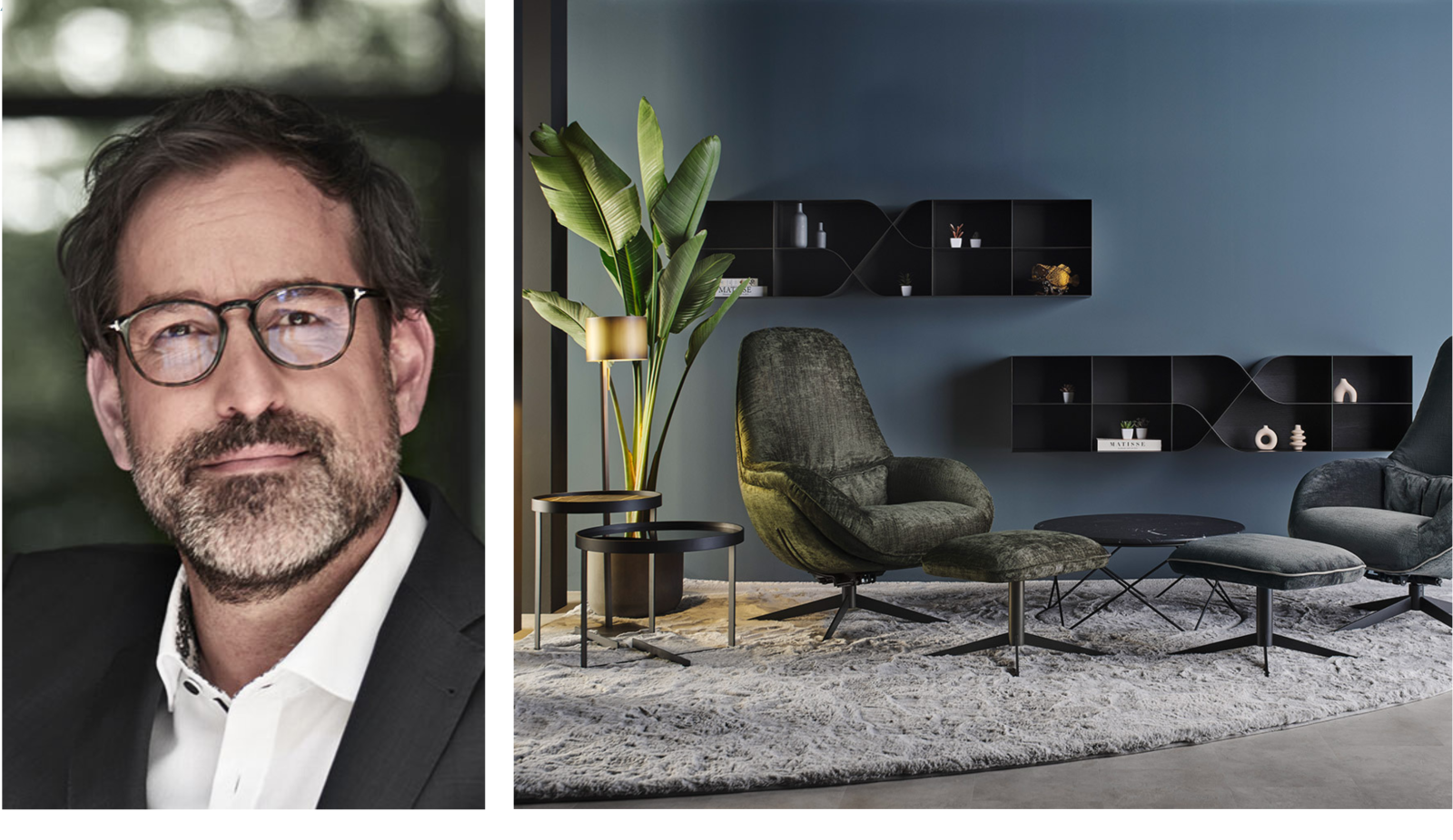 Jörg von Sichart (Part I der Doppelsitze Christine Kröncke Interior Design); Regal SHELF PETIT quer vor MOMO LOUNGE Sesseln.